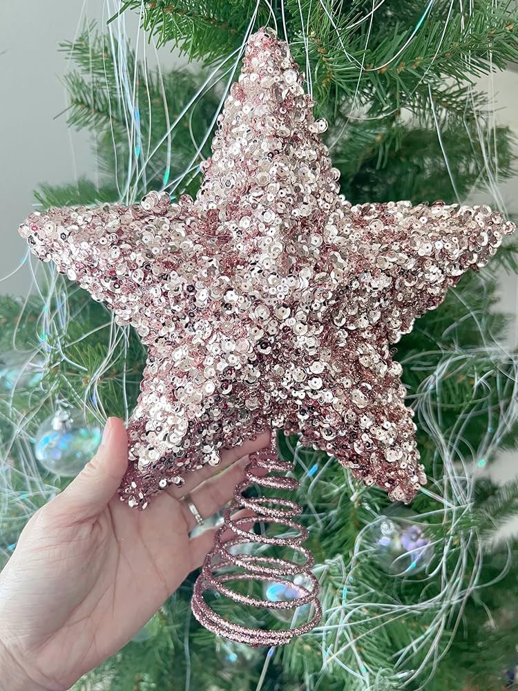 PEPPERLONELY Small Glitter & Sequin Star Tree Topper Christmas Decorations 9" W x 10" H, Rose Gol... | Amazon (US)