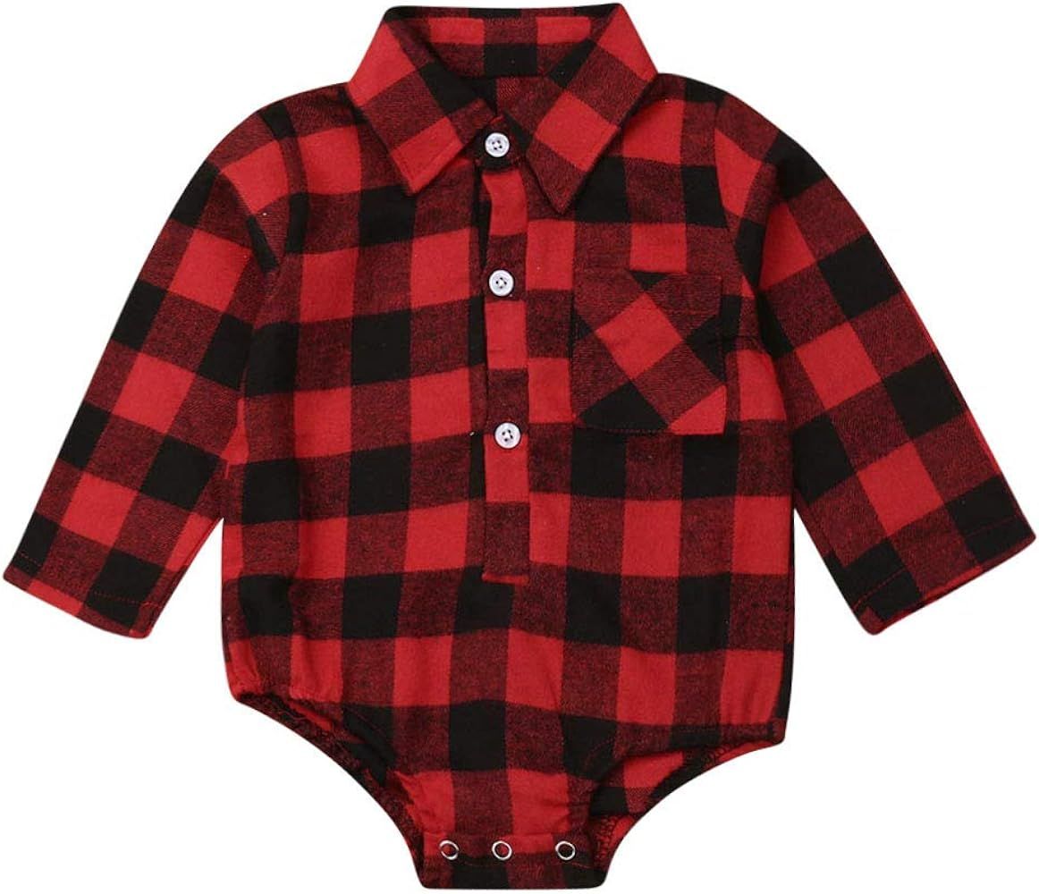CIYCUIT Baby Boy Girl Flannel Print Plaid Shirt Long Sleeve Button Romper Bodysuit Clothes | Amazon (US)