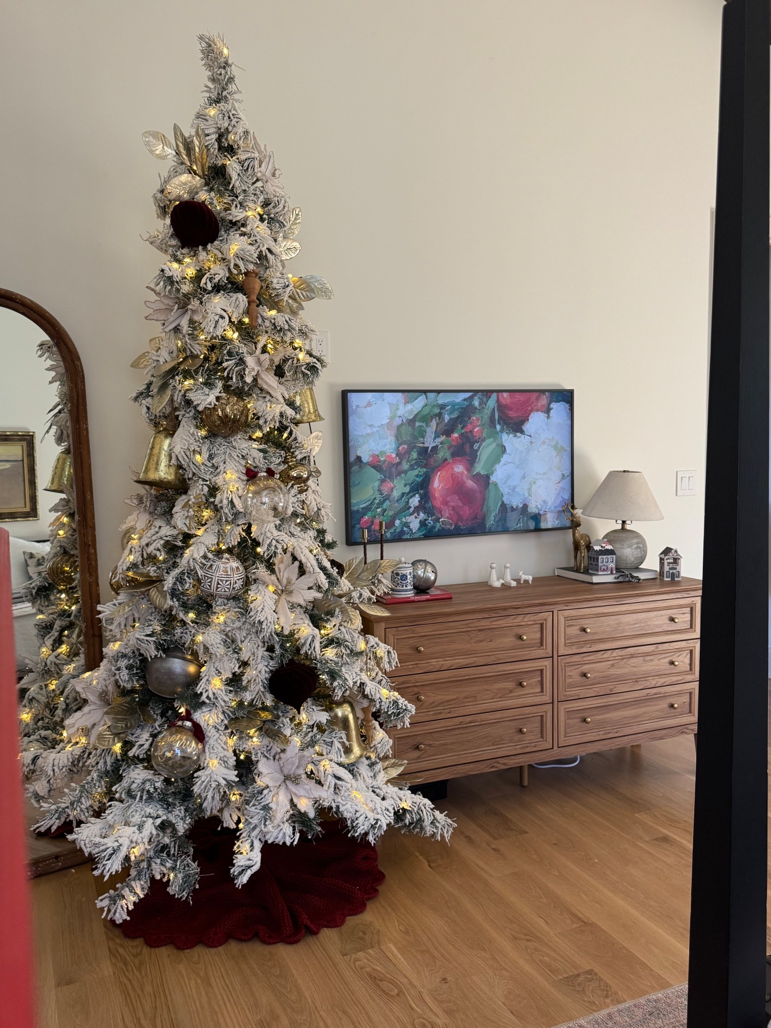 Primary bedroom. Master bedroom. Bedroom decor. Dresser. Christmas bedroom. Flocked tree  

#LTKHome #LTKHoliday