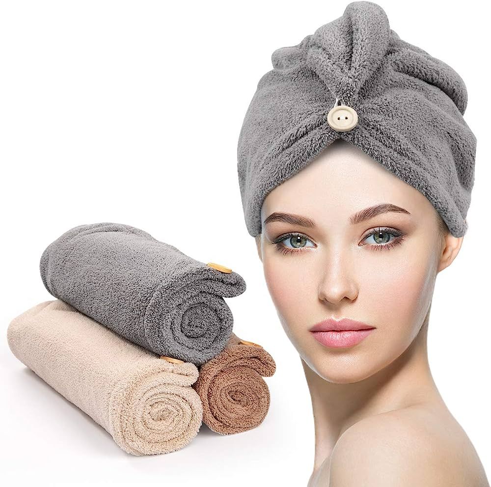YFONG Microfiber Hair Towel 3 Pack, Hair Towel with Button, Super Absorbent Hair Towel Wrap for C... | Amazon (US)