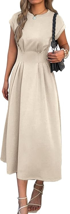 Women Summer Maxi Dress Cap Sleeve Crewneck Ruched Waist Casual Work Office Basic Long Tshirt Dre... | Amazon (US)