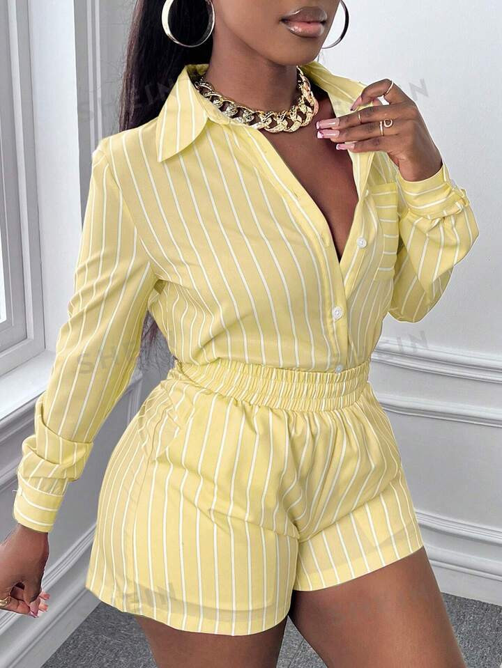 SHEIN Slayr Women Striped Print Long Sleeve Shirt And Shorts Casual Set For Summer | SHEIN