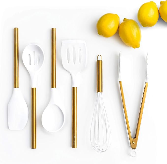White Silicone and Gold Cooking Utensils for Modern Cooking and Serving, Stainless Steel Gold Ser... | Amazon (US)