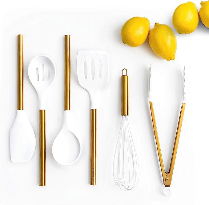 White Silicone and Gold Cooking Utensils for Modern Cooking and Serving, Stainless Steel Gold Ser... | Amazon (US)