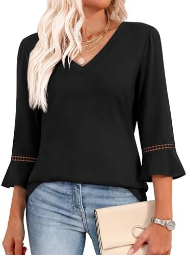 WIHOLL Womens Blouses Dressy Casual 3/4 Length Sleeve Tops Lace Trendy 2026 Spring Summer V Neck ... | Amazon (US)