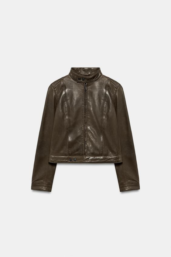 Zara - 100% Leather Zipped Jacket - Grey Green - L - Woman | Zara UK