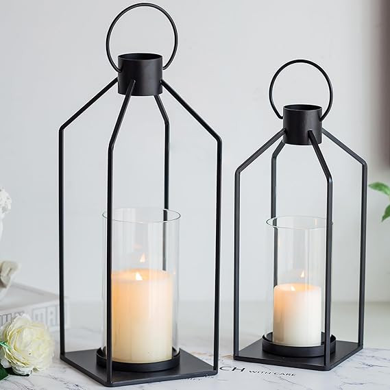 Romadedi Farmhouse Candle Lantern Outdoor Decor - Set of 2 Black Metal Lanterns Decorative Modern... | Amazon (CA)