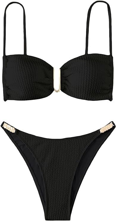 OYOANGLE Women's 2 Pieces Spaghetti Strap Ring Linked Ribbed High Cut Bikini Swimsuit Bathing Sui... | Amazon (US)