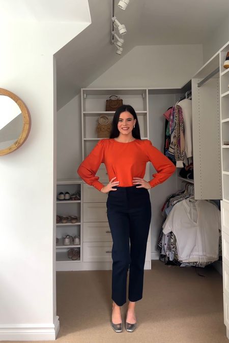 Autumn work look! The orange blouse is from Amazon and comes in a plethora of colors! I love the little puff sleeve! Wearing the Kate work pant in navy from J.Crew - very flattering trousers for the office! 

#LTKSeasonal #LTKFind #LTKSale