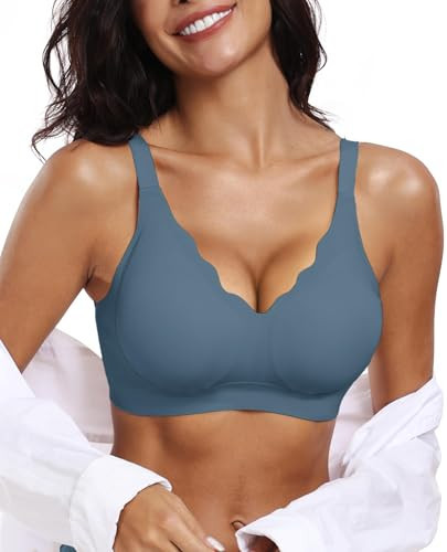 OEAK Womens Comfortable Wireless Bras Push Up Seamless Bralettes Soft V Neck Brassiere Scalloped Full Coverage Everyday Bra Grey Blue XXL | Amazon (US)