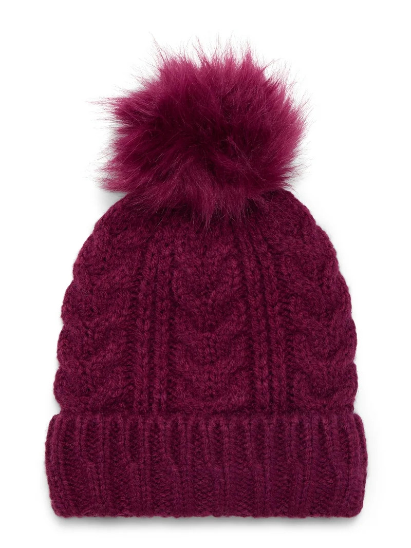 Time and Tru Women's Cable Pom Cuff Beanie, One Size Fits Most, Wine | Walmart (US)