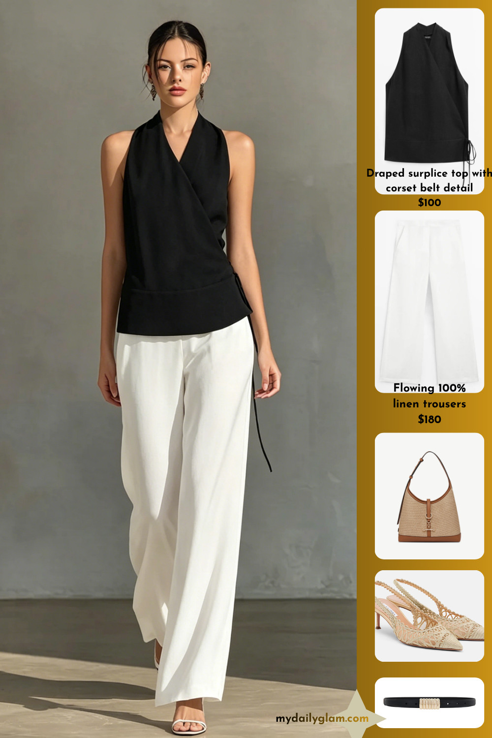 French Chic Mediterranean Outfit Black Wrap Halter Top & High Waist Pure Linen White Trousers Vacation Co-Ord

#FrenchGirlStyle #VacationChic #LinenMatchingSet 

 #LTKootd #LTKOver40 #LTKWorkwear