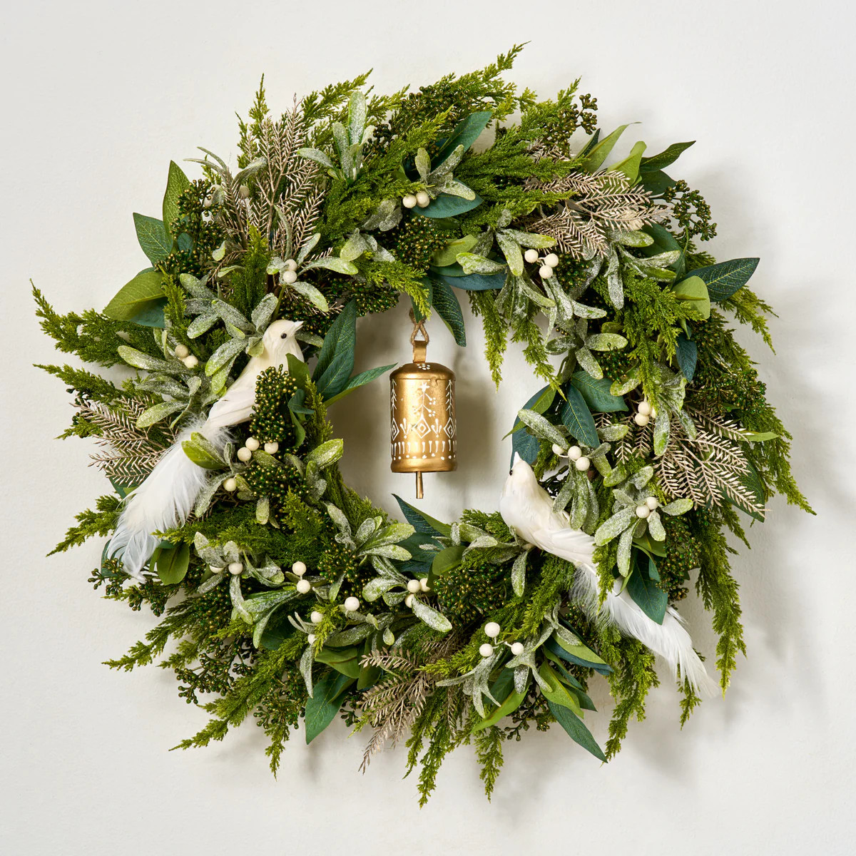 Peace On Earth - White Singing Bird, Briar Pine, Frosted Mistletoe Berry Front Door Holiday Wreat... | Darby Creek Trading