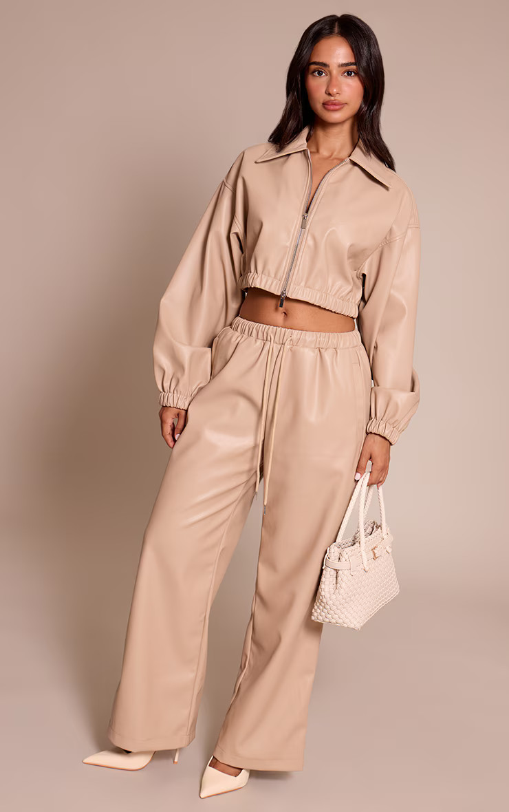 Petite Stone Faux Leather Elasticated Wide Leg Trousers | PrettyLittleThing UK