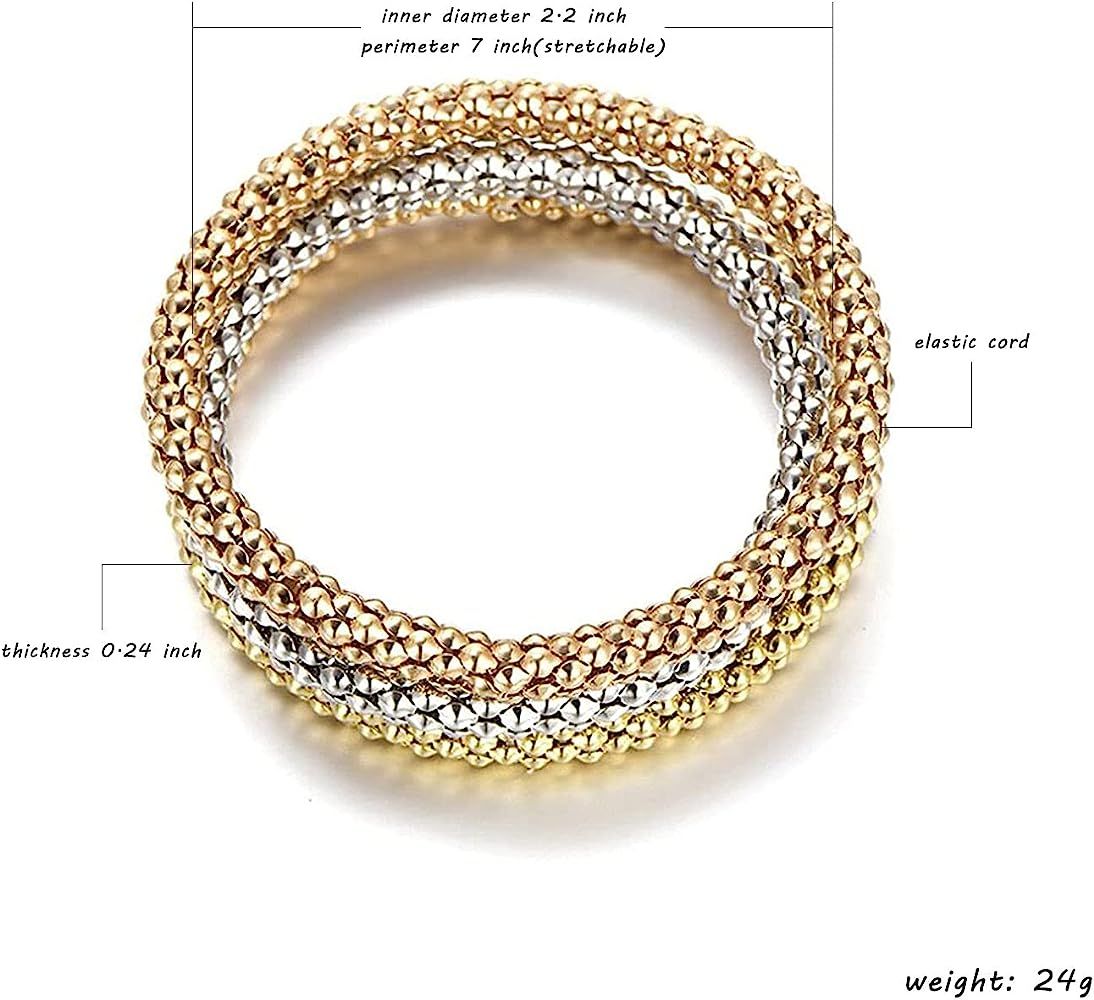PORPI-JOJO 3PCS Gold Silver Rose Gold Tone Corn Chain Stretch Bracelets with Charms Multi Layer Brac | Amazon (US)