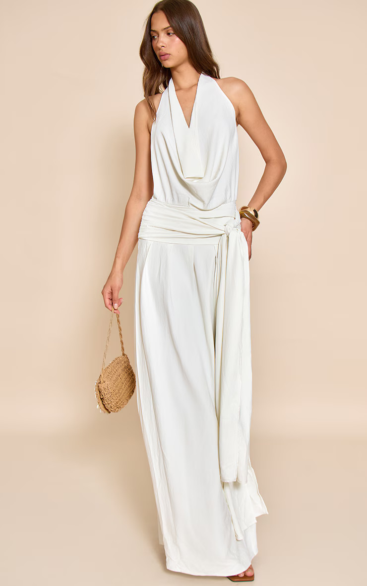 Cream Floaty Woven Cowl Neck Low Back Maxi Dress | Dresses | PrettyLittleThing UK