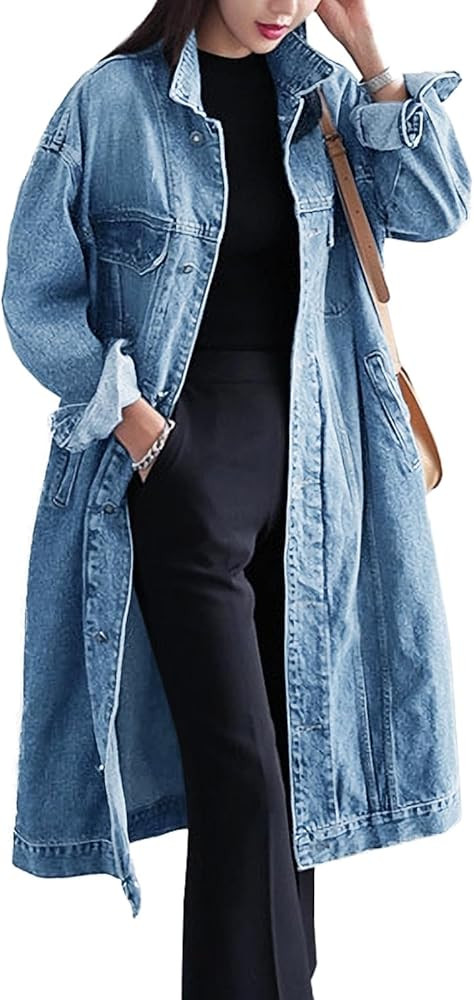 Womens Classic Jean Jacket Plus Size Loose Long Sleeve Button Down Denim Trench Coat | Amazon (US)