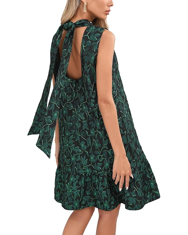 Women's Jacquard Tie Back Mini Swing Dress Mock Neck Sleeveless Ruffle Hem A-line Party Cocktail ... | Amazon (US)