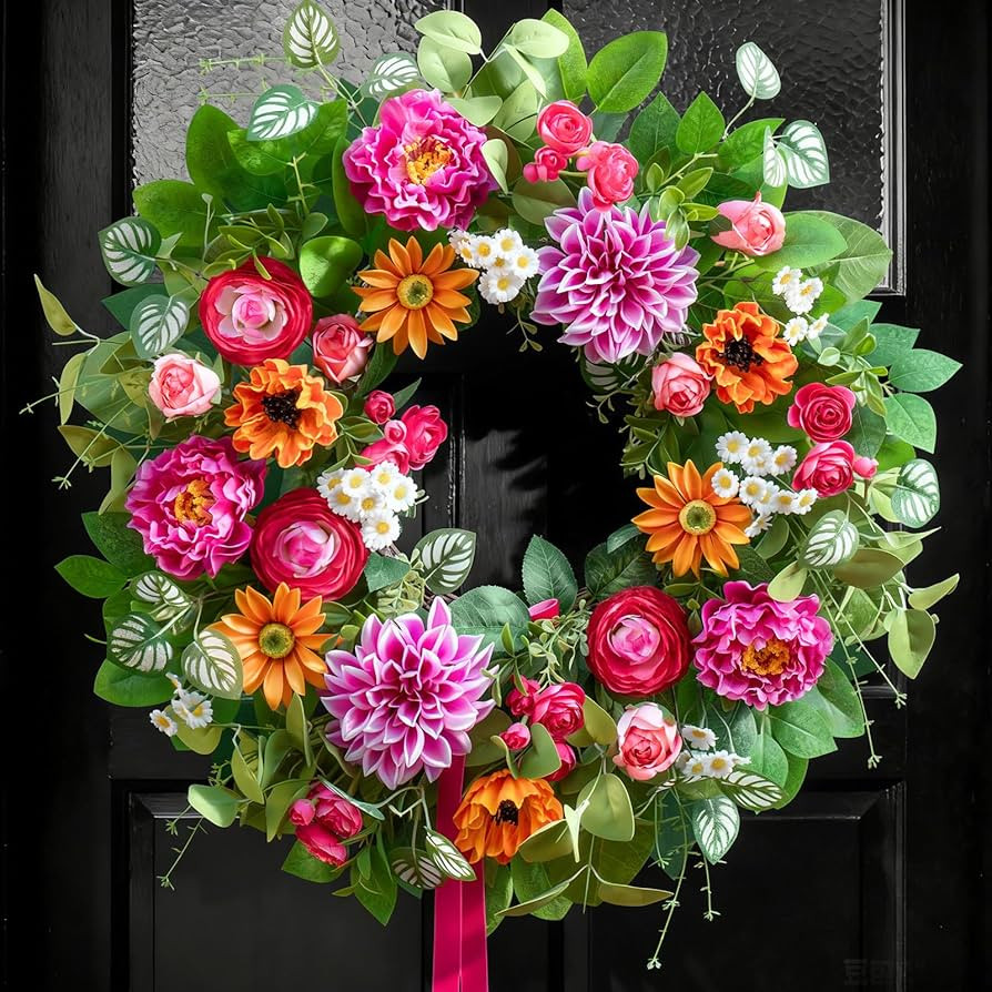 Spring Wreaths for Front Door 24 Inch with Dahlia, Peony & Daisy Summer Wreaths for Front Door Ou... | Amazon (US)