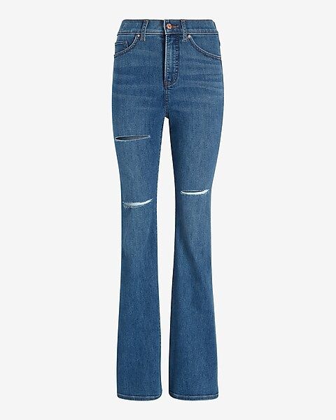 Conscious Edit High Waisted Medium Wash Ripped Flare Jeans | Express