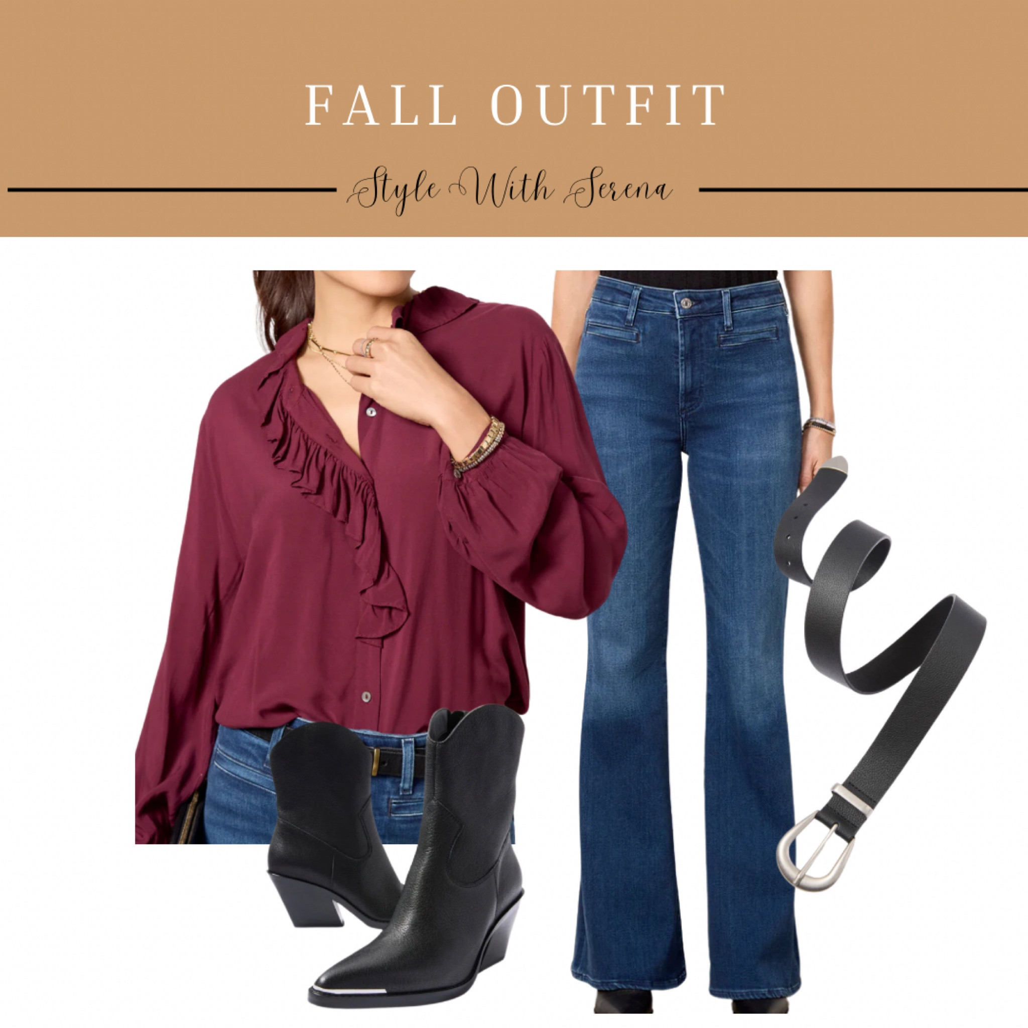 Fall outfit, fall blouse, jeans, denim, booties, maroon blouse, belt 

#LTKSeasonal #LTKStyleTip #LTKOver40