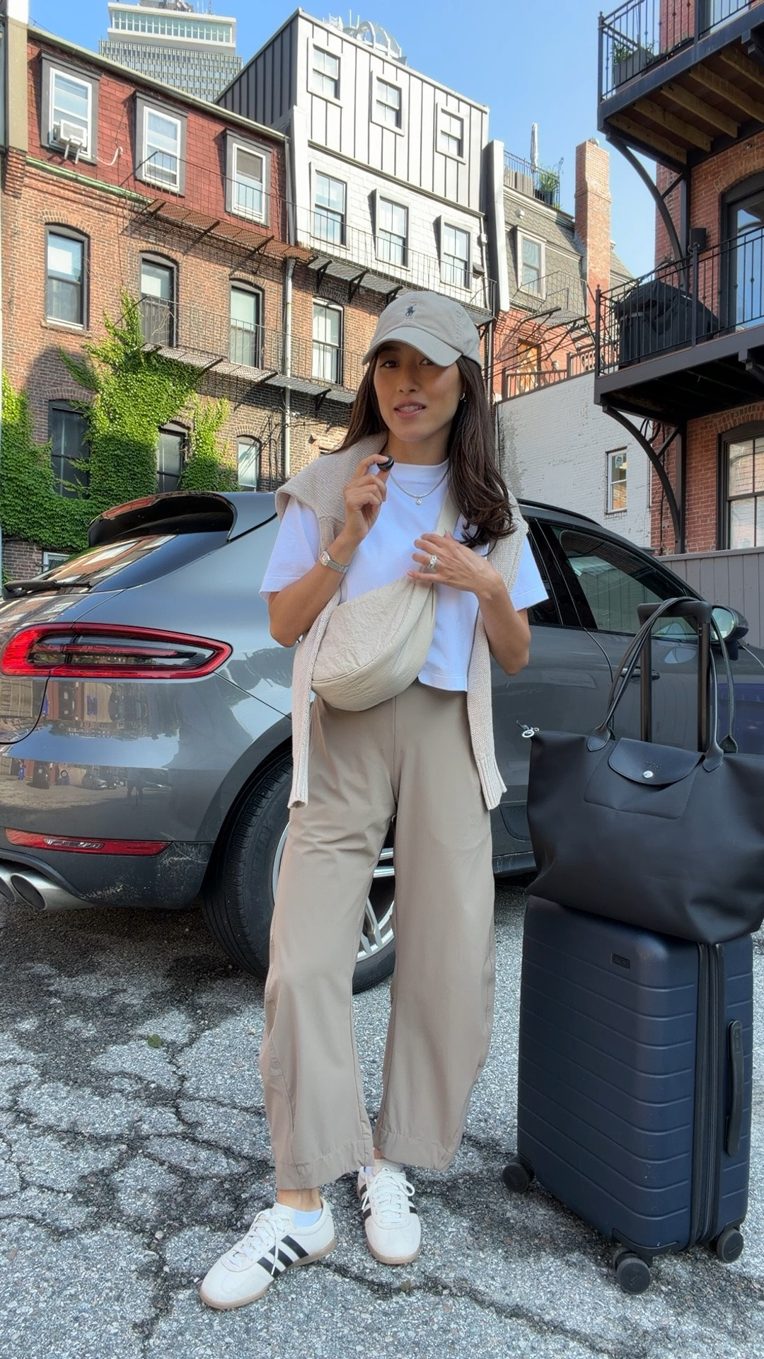 Code WELCOME45 for $45 off Ruti, also linked look for less below • Ruti pants 2 Petite in "walnut" I sized up. I do own 0P in another color and it fits, but prefer the more relaxed fit of the 2P. 
The lulu breezily pants linked under similar are amazing as well , TTS with similar fabric. I have XXS 25” in those
• lulu tee XXS
• Adidas sneakers 5
• Madewell linen sweater XXS old color
• longchamp tote great large durable bag that is fairly water resistant 
• necklace code stephie20 for 20% off
• Amazon crossbody bag
• Polo cap

Japan summer travel outfit, long haul flight airport style, petite friendly mom style, hot weather looks

#LTKmomlife #LTKPetite #LTKTravel