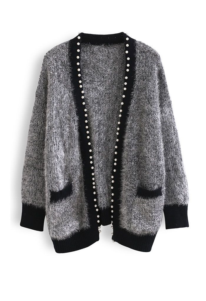 Shimmer Fuzzy Knit Pearly Cardigan in Grey | Chicwish