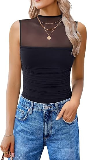 Avidlove Women's Mock Neck Mesh Bodysuit Ruched Tank Body Suits Top Sheer One Piece Going Out Top... | Amazon (US)