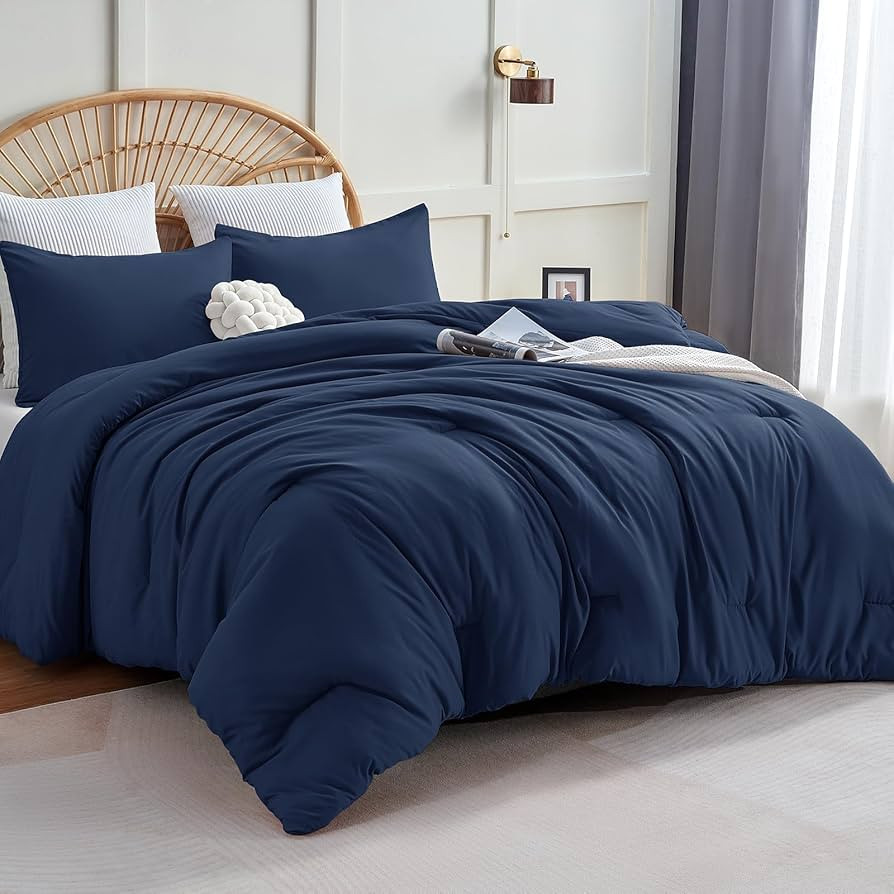 CozyLux Navy Blue Queen Comforter Set, 3 Pieces Solid Breathable Quilted Style Bedding Sets, Luxu... | Amazon (US)