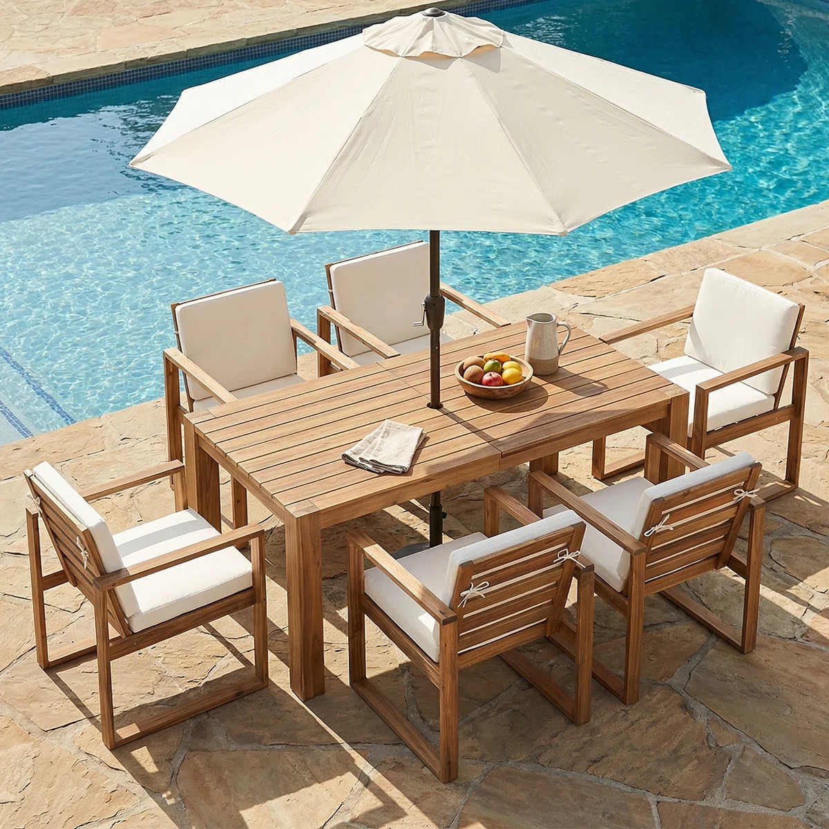 Rustic Patio Table And Chairs Set For 6 - Outdoor Dining Furniture With Umbrella Hole, Durable Wo... | Wayfair North America