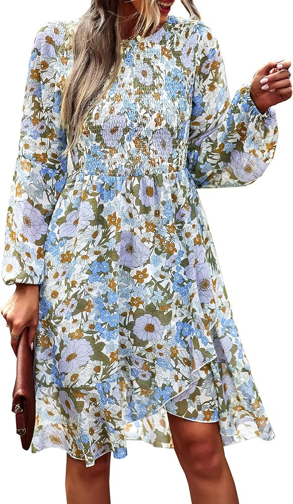 KIRUNDO 2023 Spring Summer Women's Casual Long Sleeve Smocked Boho Floral Mini Dress Crewneck Chi... | Amazon (US)
