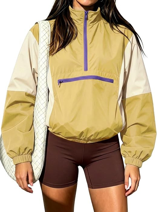 Fisoew Womens Windbreaker Jackets Quarter Zip Lightweight Fall Pullover Top | Amazon (US)