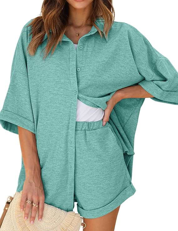 Ekouaer Waffle Knit Lounge Sets for Women Short Sleeve Pajamas Button Down Pjs Oversized Loungewe... | Amazon (US)