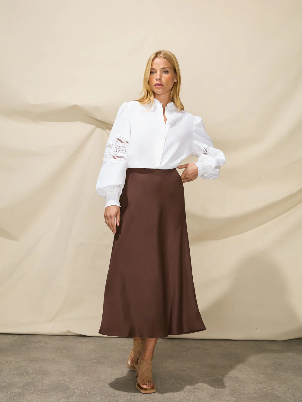 Brown Satin Bias Skirt | Ro&Zo