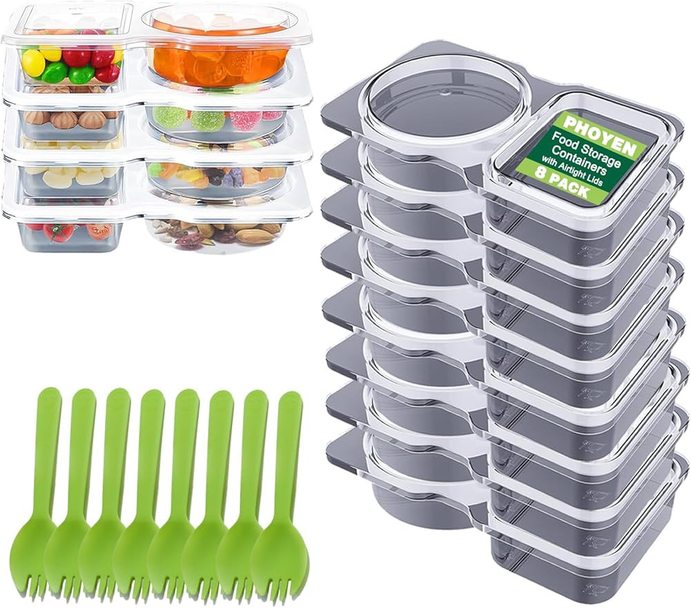 8 Sets Double Compartment Condiment Container with Lids, Mini Plastic Snack Containers with Spoon... | Amazon (US)
