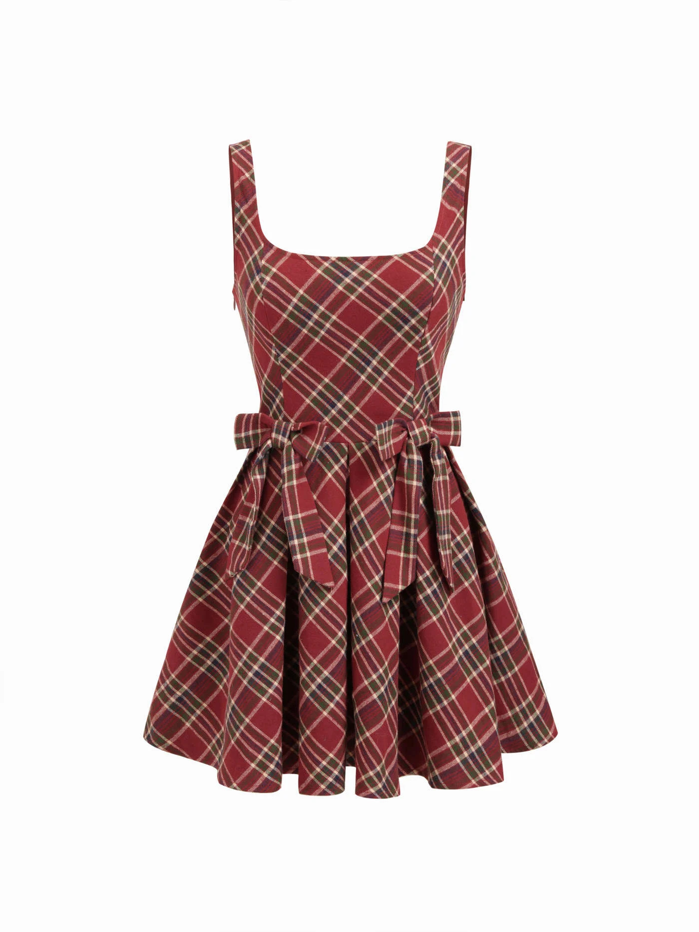 Woven Cotton Scoop Neckline Plaid Bowknot Mini Dress For Daily Casual Date | Cider