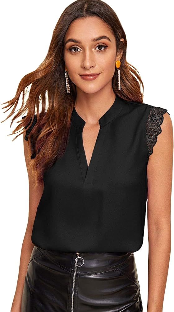 Milumia Women's Elegant Notch V Neck Sleeveless Blouse Guipure Lace Work Office Solid Top | Amazon (US)