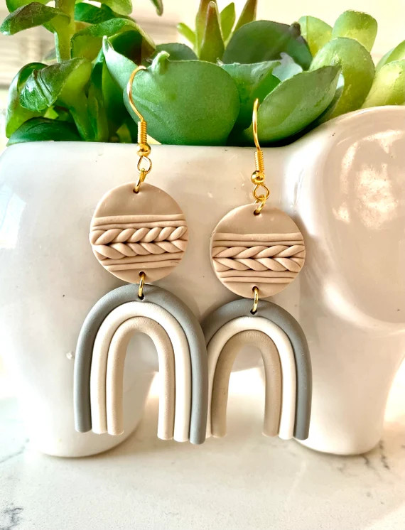Neutral Boho Braided Rainbow Earrings - Clay / Handmade | Etsy (US)