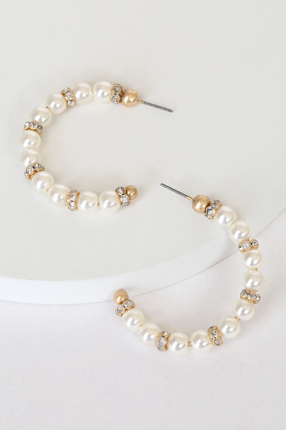 One for All White Pearl Rhinestone Hoop Earrings | Lulus (US)