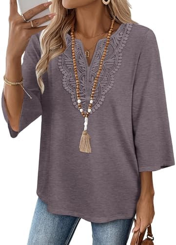 WIHOLL 3/4 Length Sleeve Womens Tops Boho V Neck Lace Shirt Trendy Blouses Dressy Casual Vacation... | Amazon (US)