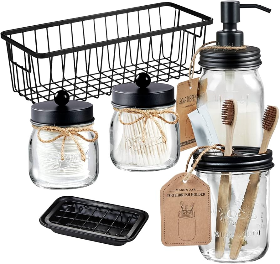 Premium Mason Jar Bathroom Accessories Set (6PCS) - Lotion Soap Dispenser,Toothbrush Holder,2 Apo... | Amazon (US)