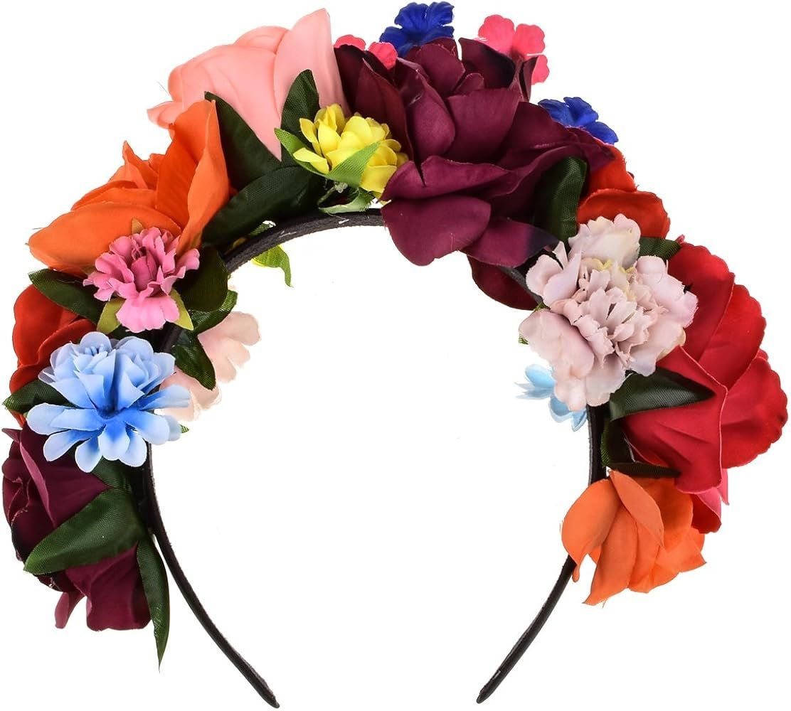 DreamLily Frida Kahlo Mexican Flower Crown Headband Party Costume Dia de Los Muertos Day of The D... | Amazon (US)