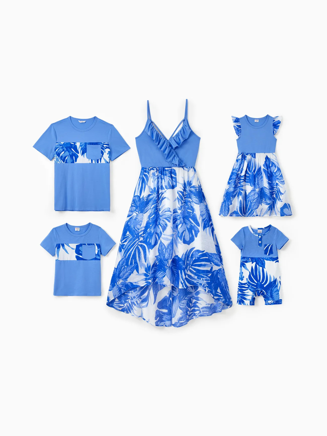 Family Matching Sets Blue Tropical Floral Panel Tee or Ruffle Neck Cross Back High-Low Strap Dres... | PatPat