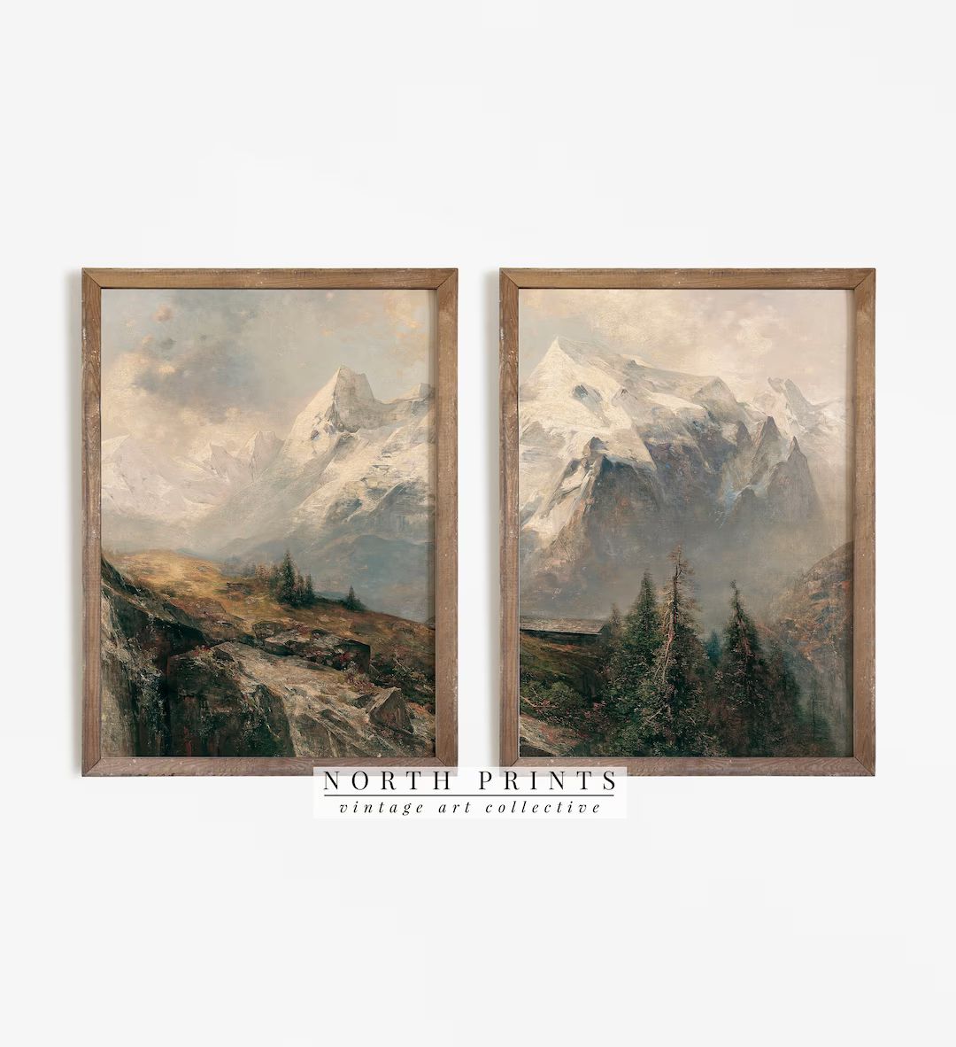 Rustic Mountain Landscape Print SET of Two Split Antique - Etsy | Etsy (US)