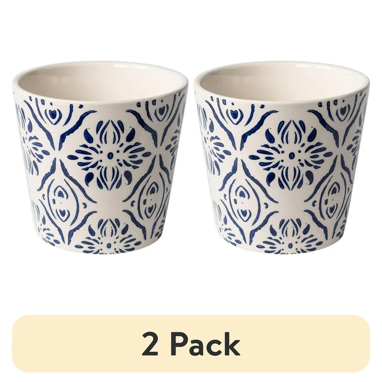 (2 pack) Mainstays 6" x 6" x 5.5" Round Blue Ceramic Medallion Plant Planter | Walmart (US)