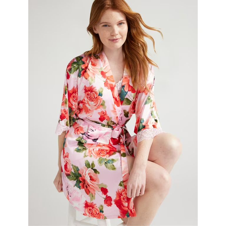 Joyspun Women’s Lace Trim Satin Robe, Sizes S to 3X | Walmart (US)