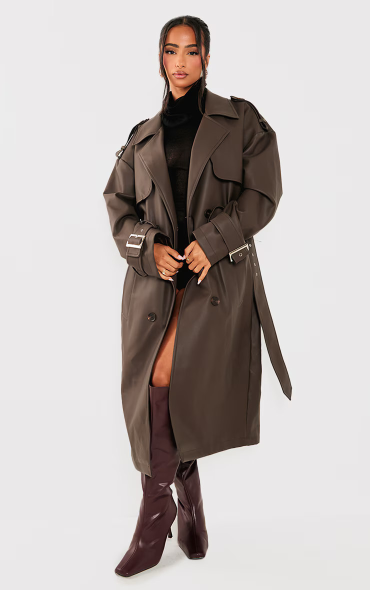 Petite Chocolate Faux Leather Buckle Trench Coat | Petite | PrettyLittleThing US
