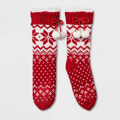 Women's Fairisle Sherpa Lined Slipper Socks with Grippers  - Red One Size | Target