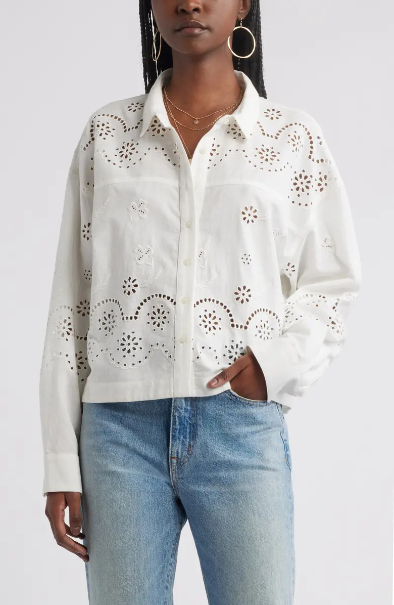 Eyelet Cotton & Linen Button-Up Shirt | Nordstrom