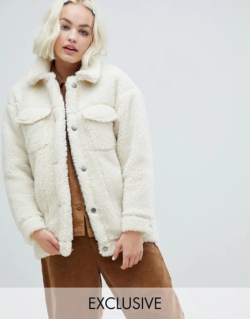 Monki teddy trucker jacket in off white | ASOS US